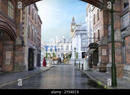 Una splendida scena di strada nella Londra vittoriana del XIX secolo, rendering 3d. Foto Stock