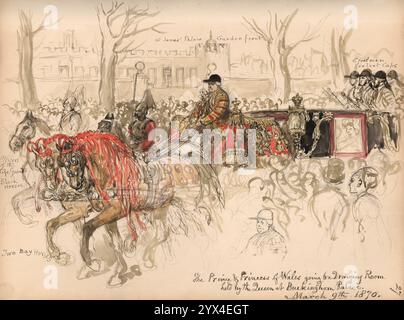 Foglia da un bozzetto con un disegno del Principe e della Principessa di Galles che va ad una "sala da disegno", 9 marzo 1870. Foto Stock