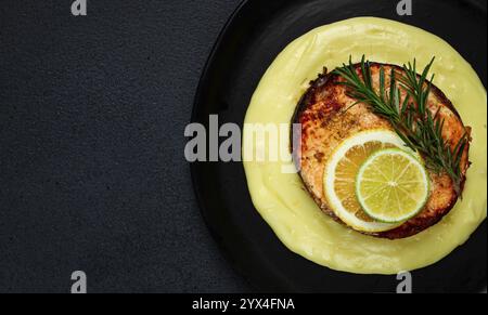 Bistecca di salmone, fritta, purè di patate, vista dall'alto, rosmarino, limone e lime, fatti in casa, una sola porzione, niente persone Foto Stock