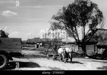 Russia 1942 luglio Makarova: Carretto trainato da cavalli di fronte alle case del villaggio [traduzione automatica] Foto Stock