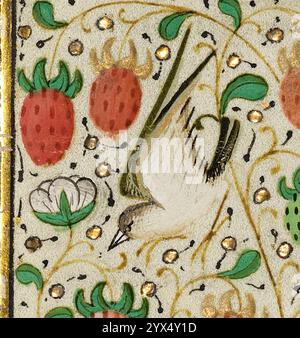 Bordo decorato con un uccello e fragole; Boezio, consolation de philosophie, circa 1460-1470. Foto Stock