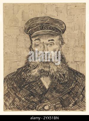 Ritratto di Joseph Roulin, 1888. Ulteriori informazioni: Van Gogh disegnò e dipinse molti ritratti di Roulin, un operaio postale ad Arles, dove Van Gogh visse dal 1888 al 1889. Rivolto verso il lato anteriore, Roulin viene spinto vicino al piano, con gli occhi leggermente mostruosi di lato. Le linee energiche di Van Gogh descrivono la barba piena di Roulin, la sua struttura facciale e il suo naso un po' storto. Con le linee scure e spesse di una penna a canne, Van Gogh ha schiudato il cappotto vibrante. Dietro Roulin, un mosaico di linee nervose e intersecanti disegnate con una penna quill crea una tensione superficiale complessiva, Foto Stock