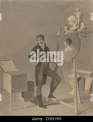 Ritratto di un artista nel suo studio, intorno al 1800. Ulteriori informazioni: Un pittore si trova davanti al suo cavalletto, si è fermato al lavoro nel suo studio. Sta lavorando a un ritratto ovale di una giovane donna, la sua tavolozza e il pennello tenuti nella mano sinistra mentre la mano destra è elegantemente posta sull'anca. È circondato dagli strumenti del suo mestiere: A sinistra, una scatola aperta di pitture; a destra diversi disegni sono appoggiati contro il muro; sopra la sua testa, accuratamente sistemati su una mensola, sono i modelli antichi standard utilizzati per lo studio nella tradizione accademica. La sala è illuminata dalla luce naturale che si inonda da sinistraȁ Foto Stock
