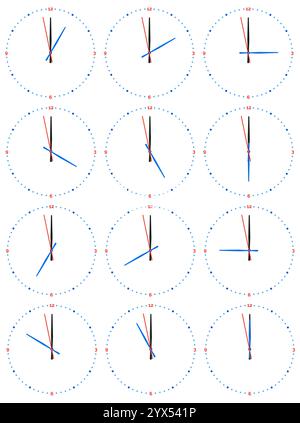 Una serie di orologi meccanici con un'immagine di ciascuna delle dodici ore. Quadrante dell'orologio su sfondo bianco. Illustrazione Vettoriale