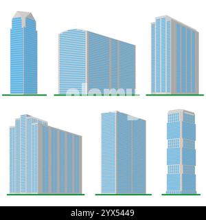 Si compone di sei alti e moderni edifici su sfondo bianco. Vista dell'edificio dal basso. Illustrazione vettoriale isometrica. Illustrazione Vettoriale