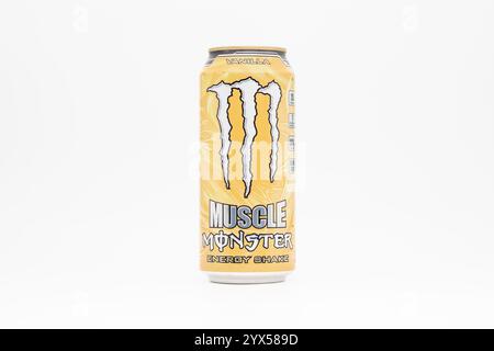 Muscle Monster Energy Shake con una miscela proteica in lattina. La bevanda ha un sapore di vaniglia ed è stata venduta nel 2014. Prodotto lifestyle americano. Foto Stock