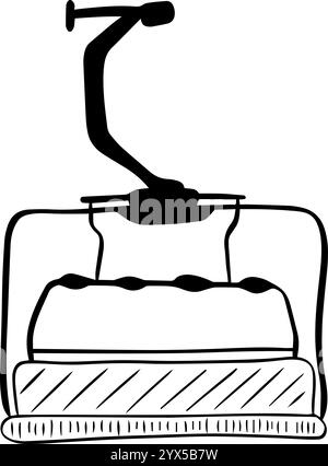 Illustrazione grafica della linea bianca e nera della seggiovia. Seggiovia presso la stazione sciistica lineart paesaggistica isolata. Ascensore funivia Woodland monocromatico sc Illustrazione Vettoriale