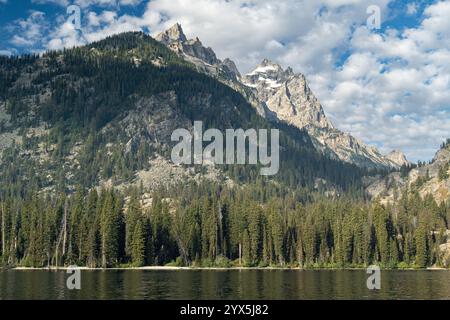 Vista panoramica della catena del Grand Teton vista dal lago Jenny, nel Wyoming Foto Stock