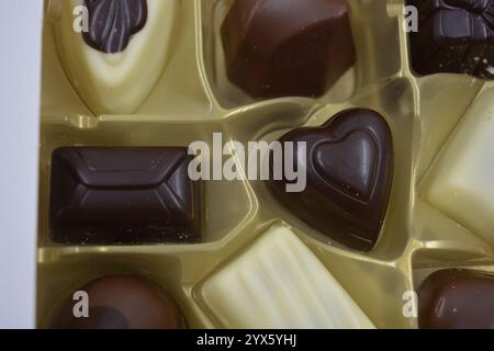 Bellissimi cioccolatini belgi a base di cioccolato bianco, latte e fondente. Grandi deliziose caramelle con diverse ripieni sono disposte in plastica dorata. Foto Stock