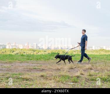 Uomo che corre con pit Bull terrier all'aperto. Foto Stock