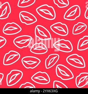 Motivo senza cuciture con audaci illustrazioni sulle labbra su uno sfondo rosso brillante per un design di moda e bellezza Illustrazione Vettoriale