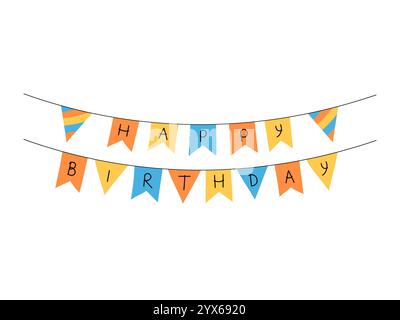 Bandiere di buon compleanno appese al banner. Decorazioni per feste. Streamer vettoriale disegnato a mano con le parole. Festa di compleanno, bandiera garland Illustrazione Vettoriale