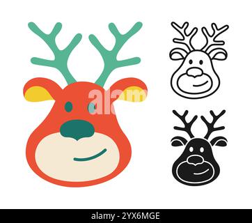 Set di icone di testa di cervo natalizio. Simbolo grafico Capodanno. Arte delle renne natalizie semplice illustrazione. Cartello di cervo per biglietto d'auguri natalizio, cartolina, adesivo, invito, calendario, vettore banner web Illustrazione Vettoriale