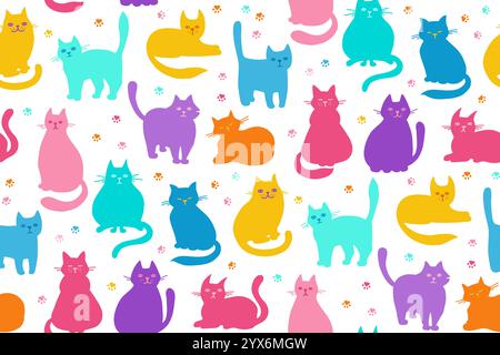 Gatti disegnati a mano per bambini senza cuciture. Sfondo a ripetizione gattino colorato. Simpatici gatti in pose diverse Design senza fine per stampa su carta, tessuto, grafica vettoriale per i bambini Illustrazione Vettoriale