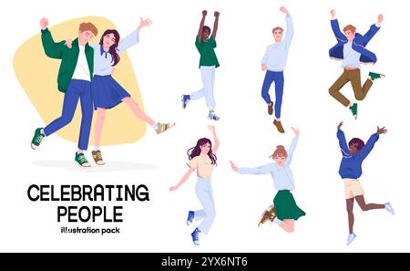 Insieme di persone che festeggiano. Uomini e donne felici sorridenti che saltano e si rallegrano della vittoria o del successo aziendale. Vettore piatto cartoni animati Illustrazione Vettoriale