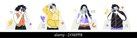 Set di fotografi. Uomini e donne felici con fotocamere che scattano foto o foto. I personaggi catturano momenti emozionali durante il film. Vettore di contorno piatto Illustrazione Vettoriale