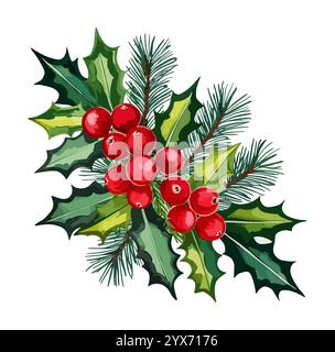 Accordo per l'angolo di Natale con l'abete invernale holly Illustrazione Vettoriale