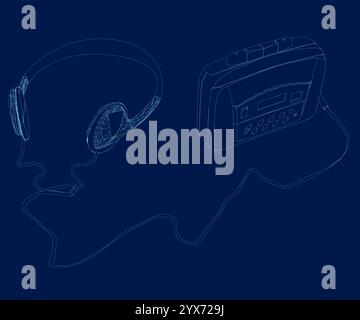 Audiocassetta retrò, registratore a nastro, lettore musicale e cuffie degli anni '90, illustrazione isolata su sfondo blu. Lettore musicale vettoriale Illustrazione Vettoriale