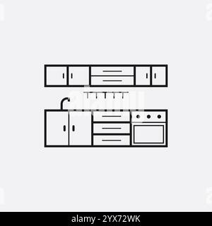 Icona della linea di mobili da cucina, segno vettoriale isolato su sfondo bianco. Illustrazione Vettoriale