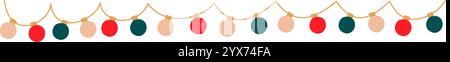 Luci natalizie lunghe ghirlande con lampadine circolari colorate. Decorazioni natalizie a corde con lampadina retrò appesa. Lampade brillanti per le vacanze Illustrazione Vettoriale