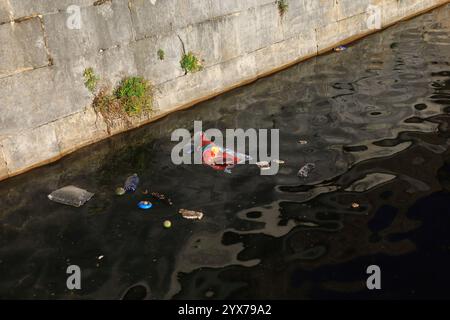 Vecchia Portsmouth e Southsea, Hampshire, Inghilterra. 28 novembre 2024. Rifiuti in acqua, inclusi sacchetti di plastica e bottiglie, accanto alle vecchie fortificazioni di Southsea. Foto Stock