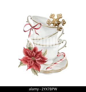 Tazze da tè e caffè con fiore di Poinsettia, biscotti al fiocco di neve al pan di zenzero, canna da zucchero e fiocco rosso. Illu floreale di cibo isolato dipinto a mano ad acquerello Foto Stock
