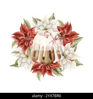 Torta di Natale con fiori di Poinsettia, canna da zucchero e fiocco rosso. Organizzazione delle vacanze. Illustrazione floreale degli alimenti isolata dipinta a mano ad acquerello Foto Stock