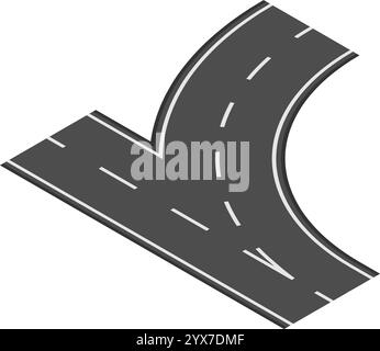 Proiezione isometrica che raffigura una strada che gira a destra che interseca un'altra strada, con linee bianche tratteggiate e continue su una superficie grigia scuro Illustrazione Vettoriale