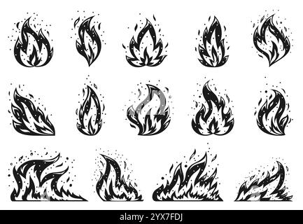 Fuoco dei cartoni animati. Fiamme scintillanti. Temperature elevate che infiammano incendi pericolosi. Ignifugo, calore infiammabile pericolo esplosione fiamme simbolo energia fiamme piatte. Stencil per stampaggio nero fai da te Illustrazione Vettoriale