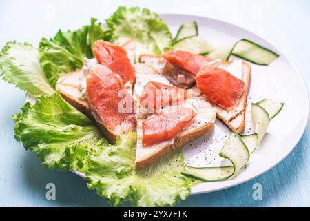 Panini con formaggio fresco e fette di trota salata su un piatto bianco con cetriolo ed erbe aromatiche. Foto di alta qualità Foto Stock