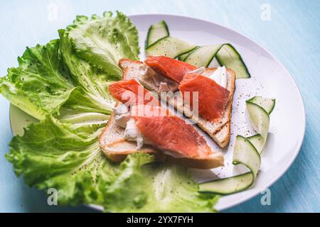 Panini con formaggio fresco e fette di trota salata su un piatto bianco con cetriolo ed erbe aromatiche. Foto di alta qualità Foto Stock