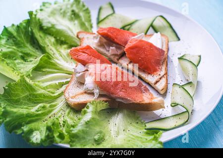 Panini con formaggio fresco e fette di trota salata su un piatto bianco con cetriolo ed erbe aromatiche. Foto di alta qualità Foto Stock