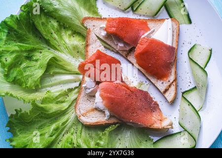 Panini con formaggio fresco e fette di trota salata su un piatto bianco con cetriolo ed erbe aromatiche. Foto di alta qualità Foto Stock