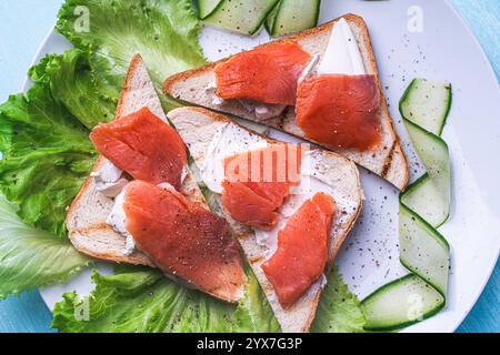 Panini con formaggio fresco e fette di trota salata su un piatto bianco con cetriolo ed erbe aromatiche. Foto di alta qualità Foto Stock