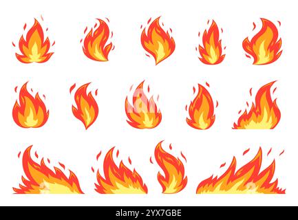 Fiamme da fuoco con scintille grande set piatto. Palla di fuoco brillante, fuoco di fuoco rosso, falò ardente, fuoco di fuoco da campo, elementi di accensione su sfondo bianco. Simboli fiammeggianti arancioni. Energia e potenza degli incendi di carburante Illustrazione Vettoriale