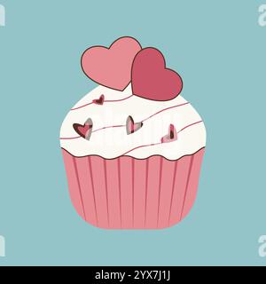 Un cupcake disegnato a mano decorato con cuori. Un elemento per creare un design per San Valentino, matrimoni, menu, può essere utilizzato su cartoline, inviti, volantini, poster e pubblicità Illustrazione Vettoriale
