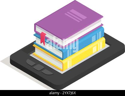 Vista isometrica di una pila di libri colorati con segnalibri posizionati sopra un lettore nero e, che rappresenta il concetto di biblioteca digitale e eBook Illustrazione Vettoriale