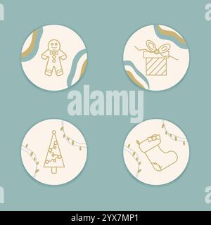 Un set natalizio di icone eleganti per Instagram. Adesivi invernali rotondi, cartellini per i regali. Stile vettoriale piatto con simboli decorativi delle vacanze invernali Illustrazione Vettoriale