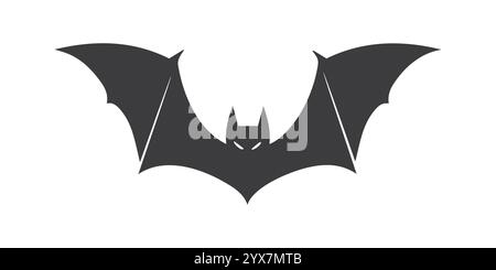 Silhouette nera vettoriale di un pipistrello con ampie ali su sfondo bianco Illustrazione Vettoriale