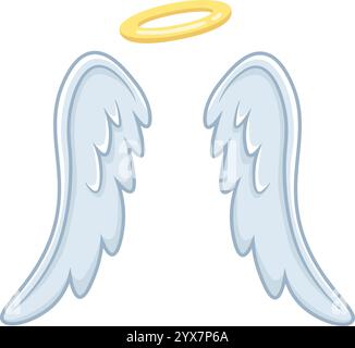 Le ali d'angelo e l'alone dei cartoni animati fluttuano con grazia, simboleggiano la purezza, la spiritualità e la presenza divina, perfetti per i temi religiosi o fantasy Illustrazione Vettoriale