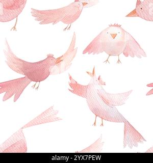 Uccelli rosa che volano, cantano, guardano, personaggio dei cartoni animati, acquerello dipinto a mano motivo senza cuciture isolato su bianco. Clip art di alta qualità ideali per Foto Stock