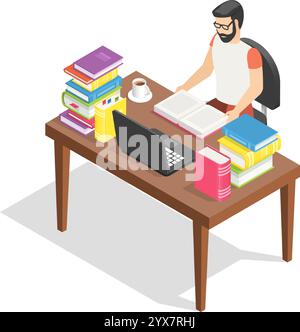 Lo studente studia diligentemente a una scrivania, circondato da pile di libri colorati e utilizzando un notebook, mostrando il moderno processo di apprendimento Illustrazione Vettoriale