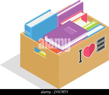 La scatola di cartone contenente libri colorati con un adesivo i Love Books promuove la gioia e l'importanza della lettura, simboleggiando la passione per la letteratura Illustrazione Vettoriale