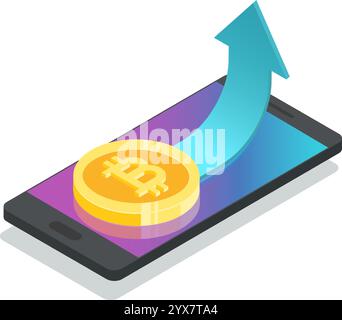Bitcoin oro poggiato su uno smartphone, con una freccia in aumento che simboleggia il valore crescente della criptovaluta, evidenziando gli investimenti e. Illustrazione Vettoriale