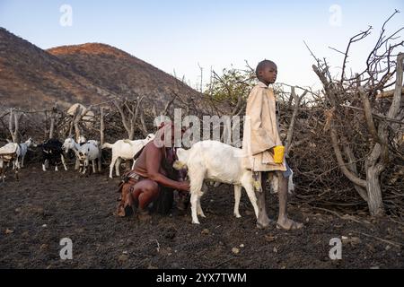 Himba donna con bambino che munge una capra, villaggio tradizionale di Himba, Kaokoveld, Kunene, Namibia, Africa Foto Stock