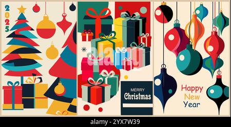 Set di biglietti di Natale colorati, poster vettoriali Illustrazione Vettoriale