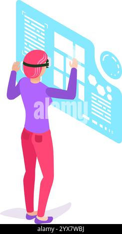 Sviluppatore di software che indossa occhiali per realtà virtuale che interagiscono con l'interfaccia olografica utilizzando la tecnologia di realtà aumentata, sperimentando un'esperienza immersiva Illustrazione Vettoriale