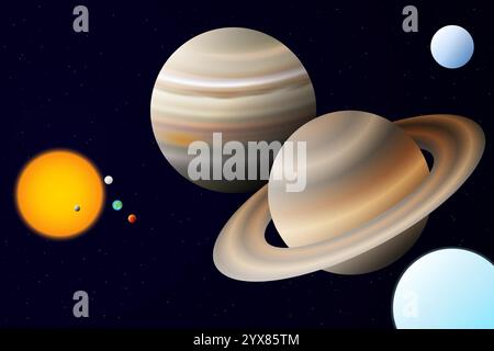 Spazio con i pianeti del sistema solare. Sole, mercurio, Venere, Terra, Marte, Giove, Saturno, Urano e Nettuno Planet Illustration Illustrazione Vettoriale