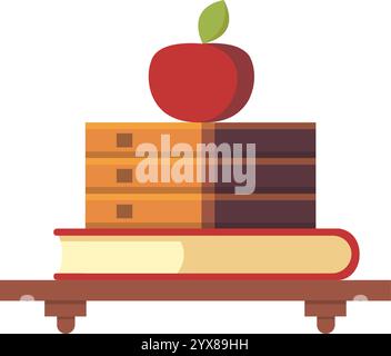 I libri e i quaderni impilati che supportano una mela rossa, simboleggiano la conoscenza, l'apprendimento e l'istruzione, sono collocati su uno scaffale di legno, creando un back-to-S. Illustrazione Vettoriale