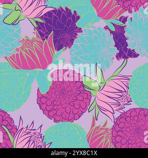 Solo Flower stilizzato Dahlia Seamless Pattern Fiori astratti artistici, foglie senza cuciture. Vettore disegnato a mano. Elegance Amethyst Glow, Mauve, Aurora Gree Illustrazione Vettoriale